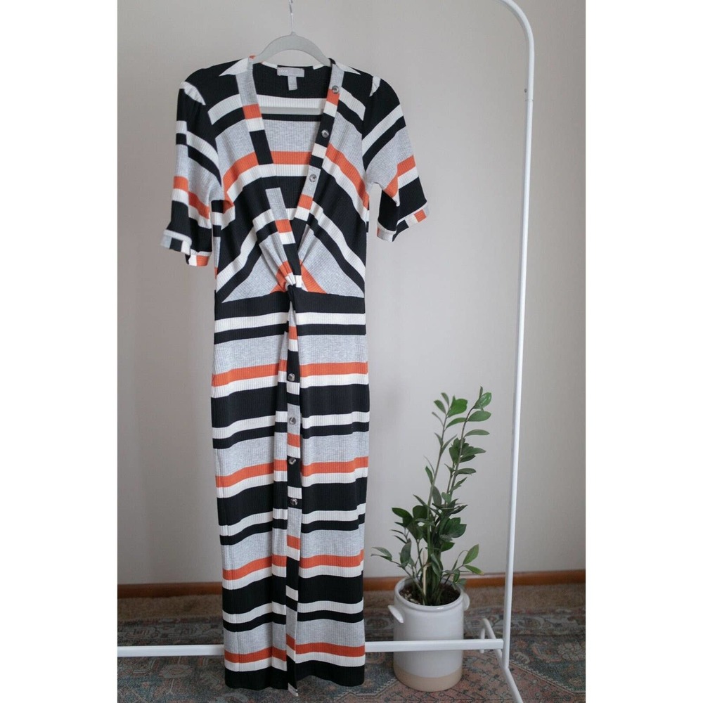 ASOS Stripe Ribbed Twist Front Midi Dress with Button Detail SZ US 6